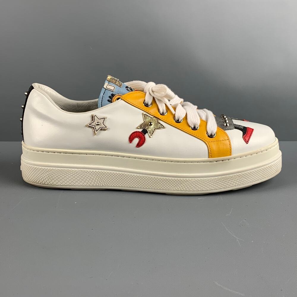 PRADA Size 10 White Multi-Color Leather Aplique Low Top Sneakers - Picture 2 of 8